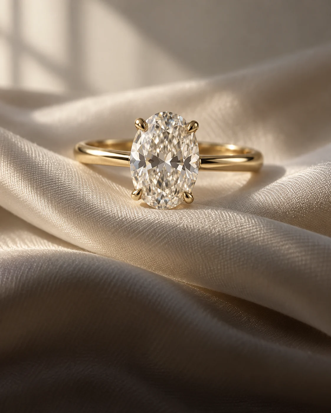 Oval solitaire ring on softly folded ivory silk