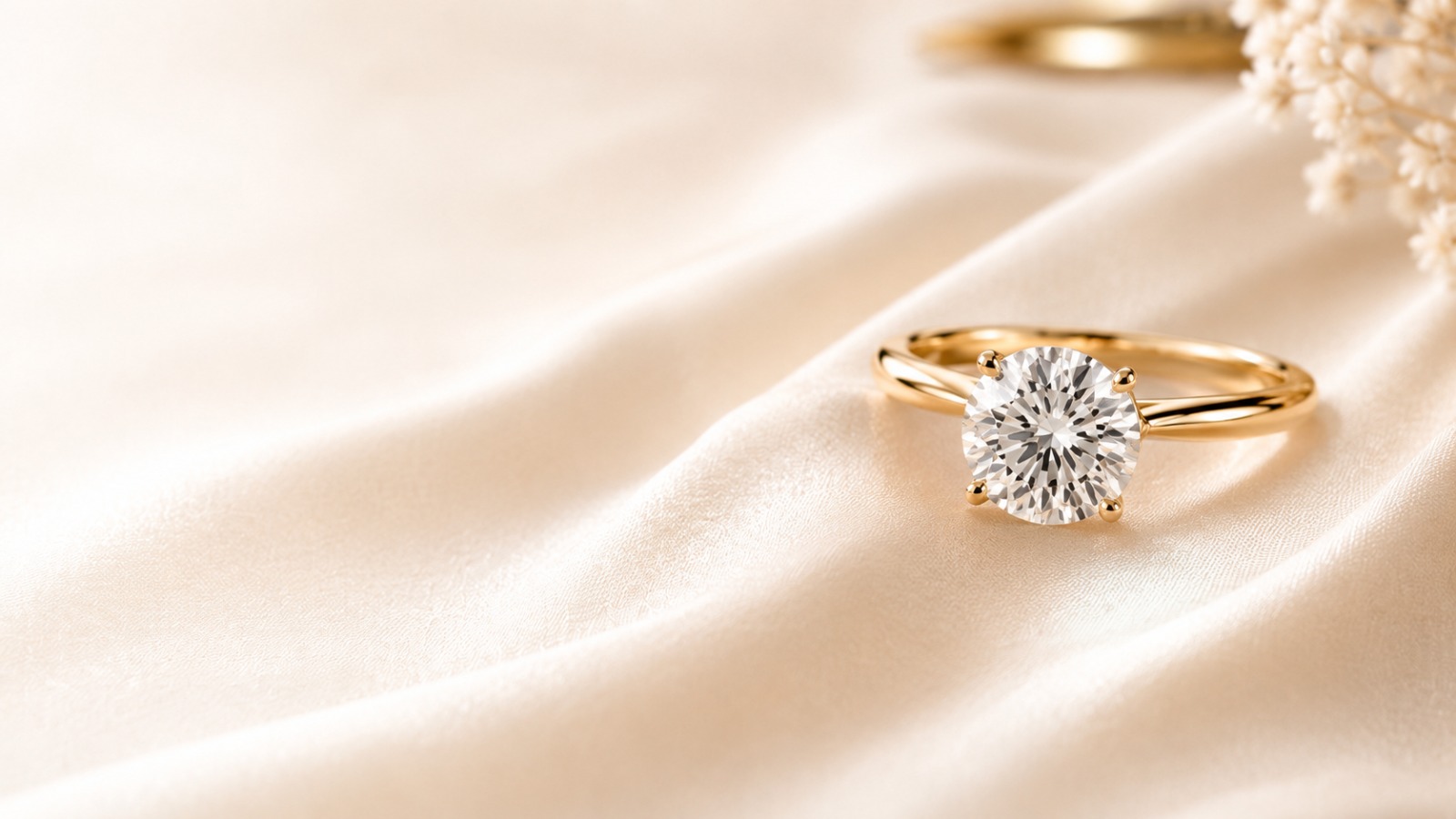 Gold solitaire diamond ring on draped silk with dried flowers